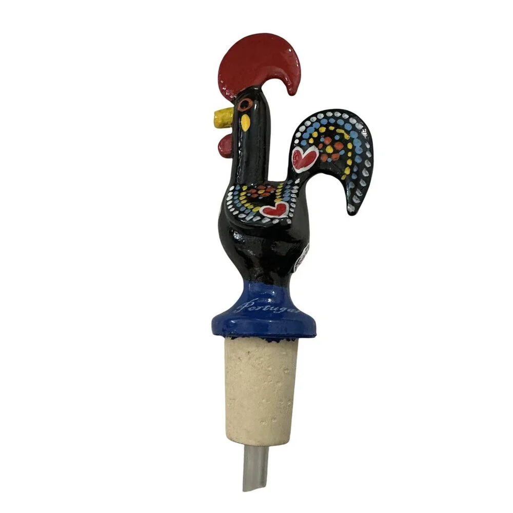 Portuguese The Rooster of Barcelos Black Bottle Stopper Cork Dispenser Souvenir